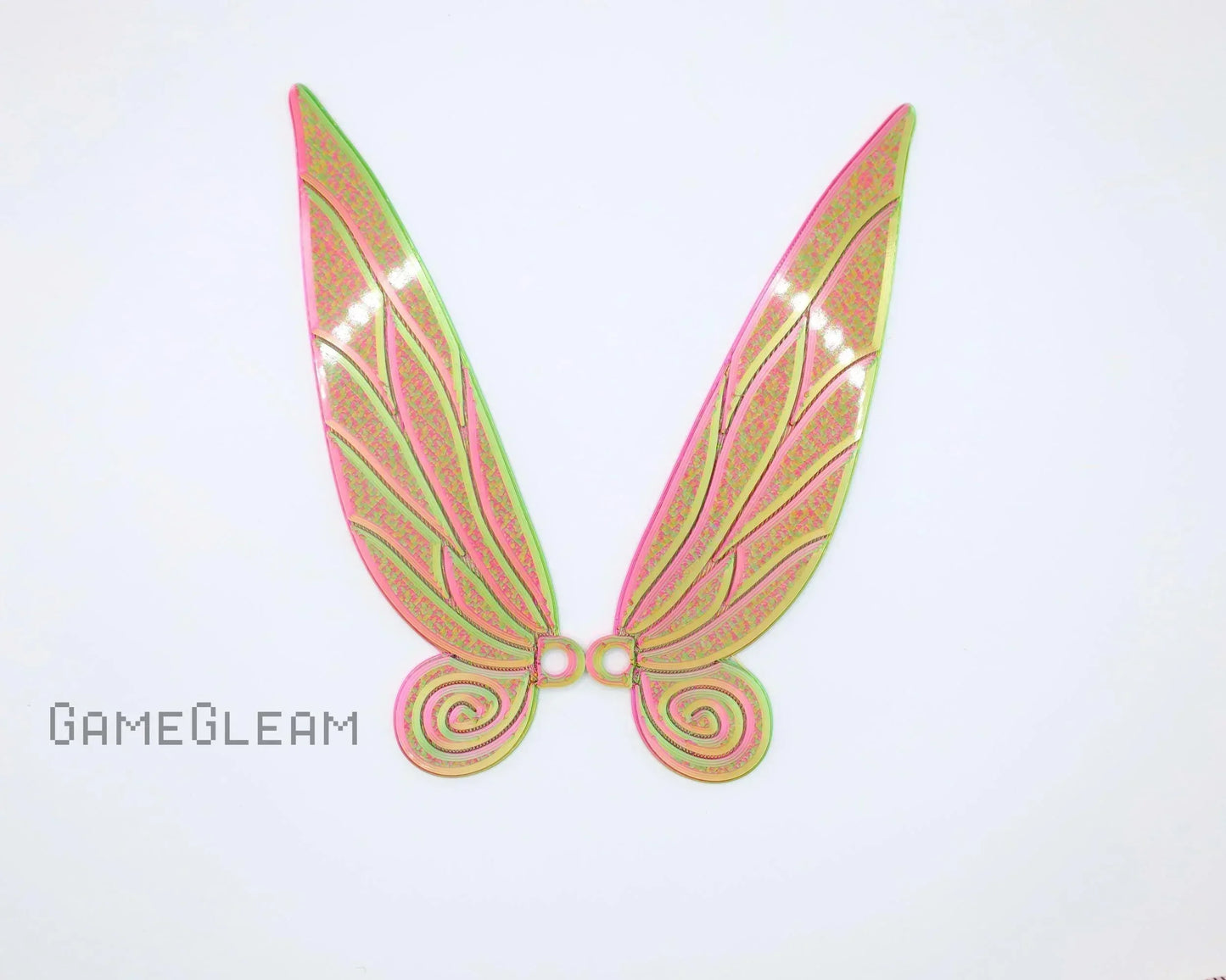 Holographic pink and green fairy wings car charm with intricate detailing on white background.