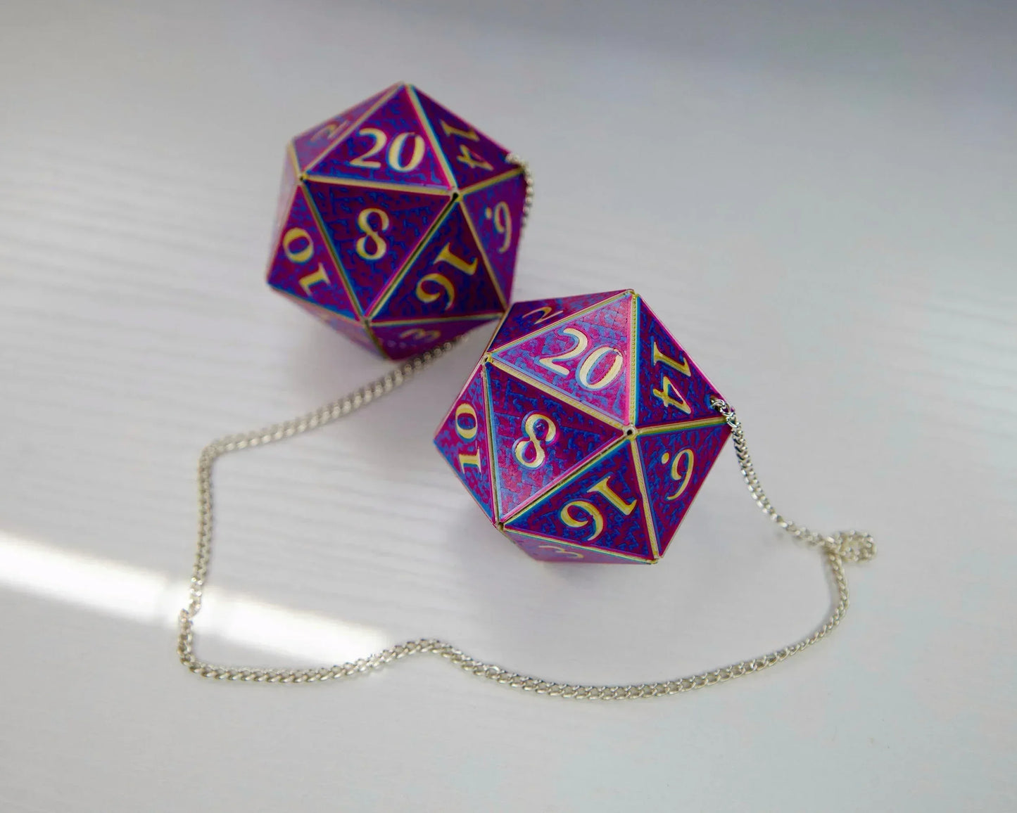 Holographic purple twenty-sided dice car mirror charm with silver chain for RPG fans
