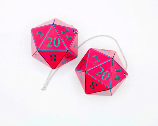 Pink holographic 20-sided dice car charms for tabletop RPG fans on white background