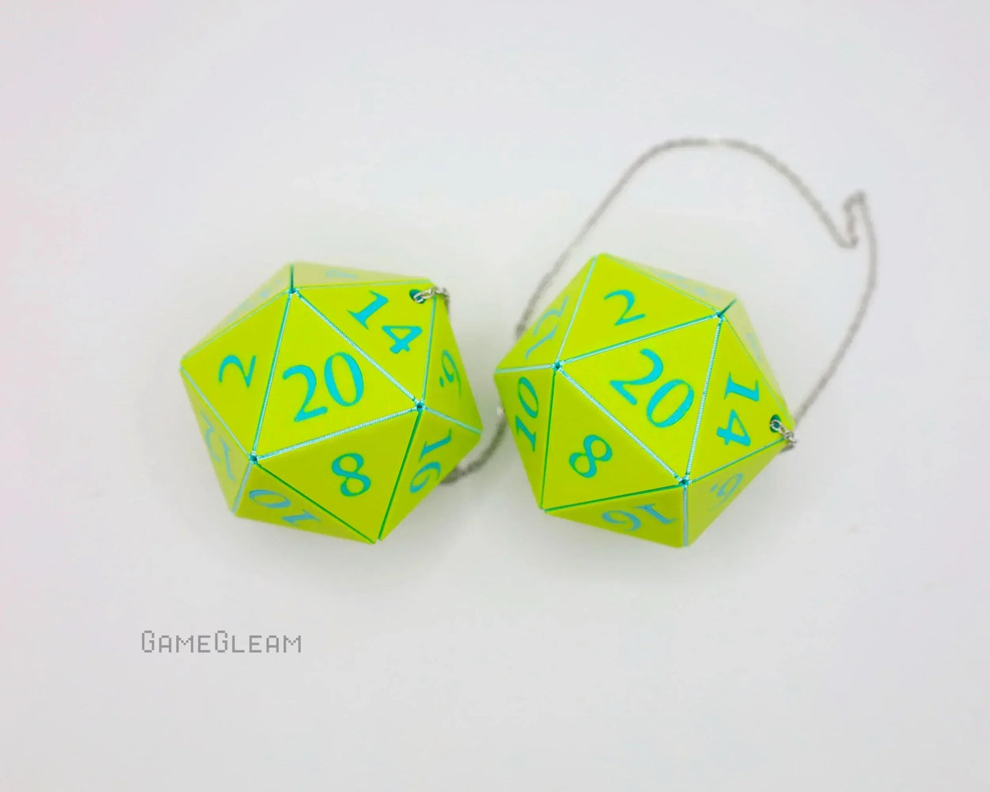 Neon green handmade twenty-sided dice car charm with blue numbers and silver chain
