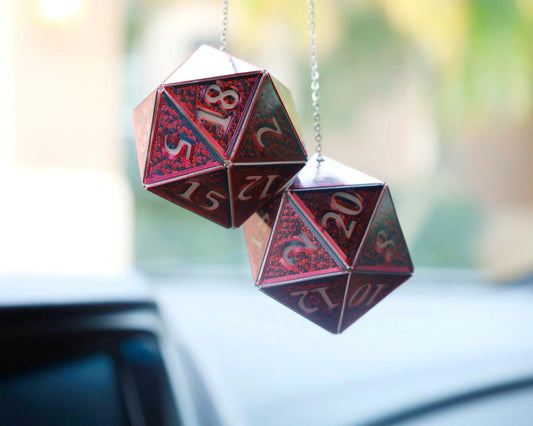 Handmade red holographic D20 dice hanging car charm for tabletop gaming fans