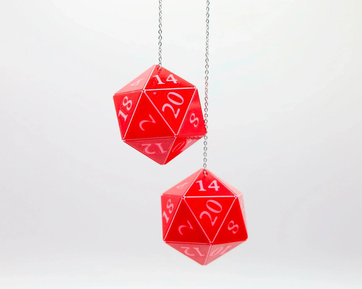 Red twenty-sided dice car hanging charm with white numbers, geek car accessory