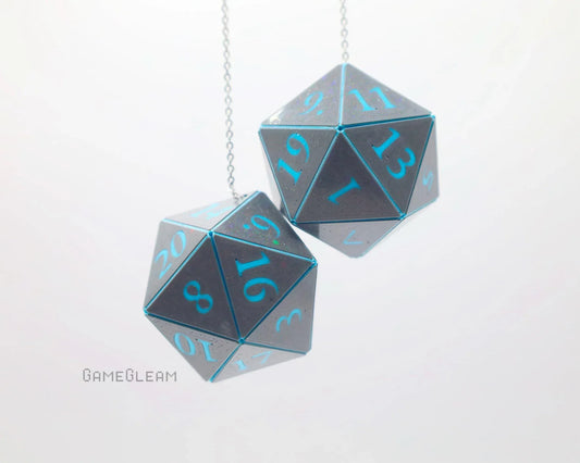 Holographic gray twenty-sided dice car charm with blue numbers on chain, gamer accessory