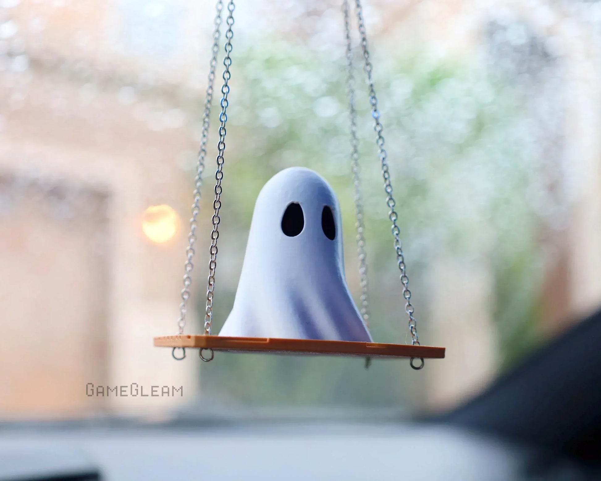 Cute ghost car charm on a swing hanging from rearview mirror, handmade decor accessory
