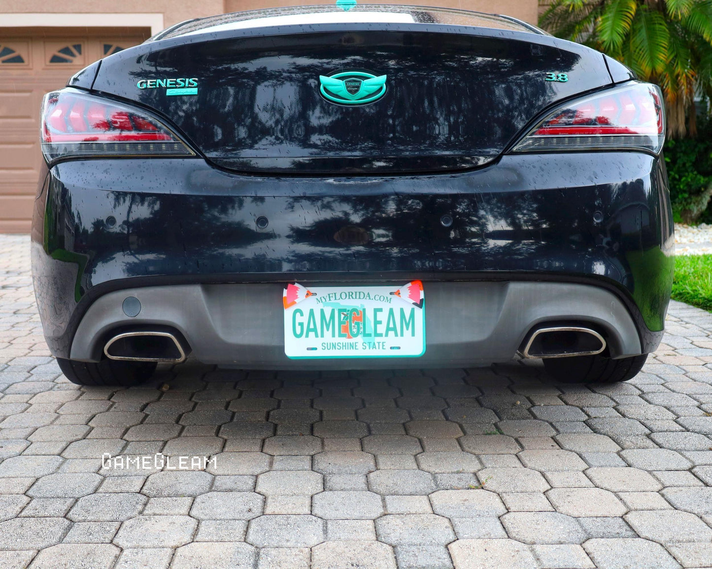 Rear view of a black Genesis car with a custom Florida license plate reading GAMEGLEAM, parked on a driveway.