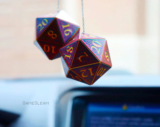 Holographic red polyhedral dice car charm for tabletop RPG fans hanging from rearview mirror