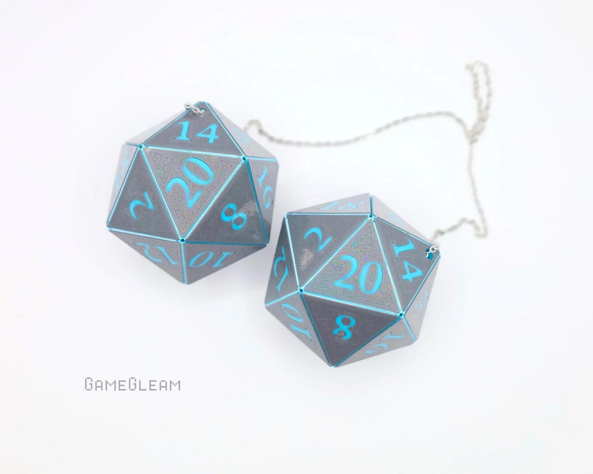 Holographic gray and blue 20-sided dice car mirror charm with chain, gaming accessory
