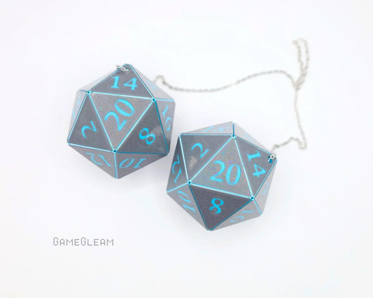 Holographic gray and blue 20-sided dice car mirror charm with chain, gaming accessory