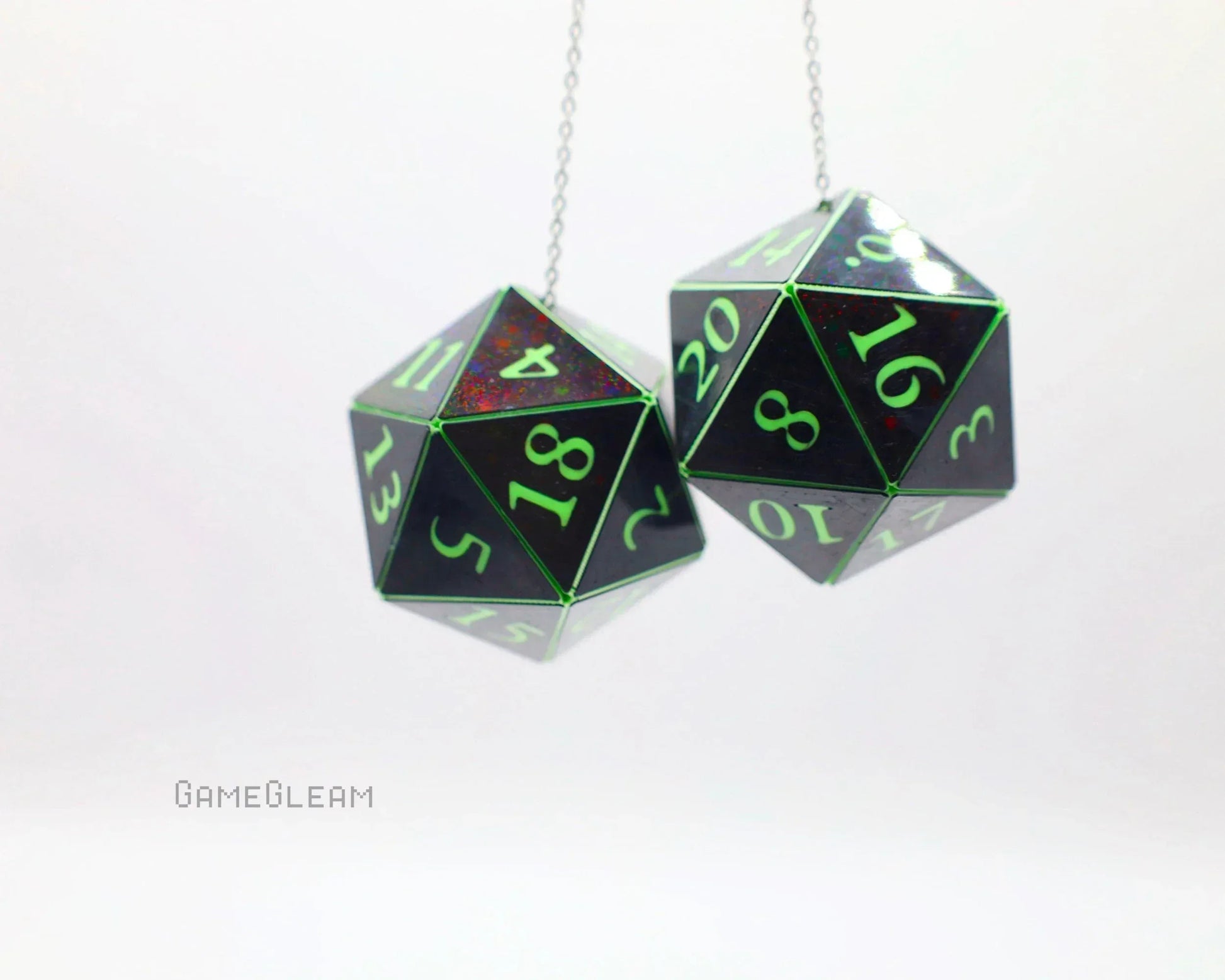 Holographic black and green twenty-sided dice car hanging charms for tabletop gamers