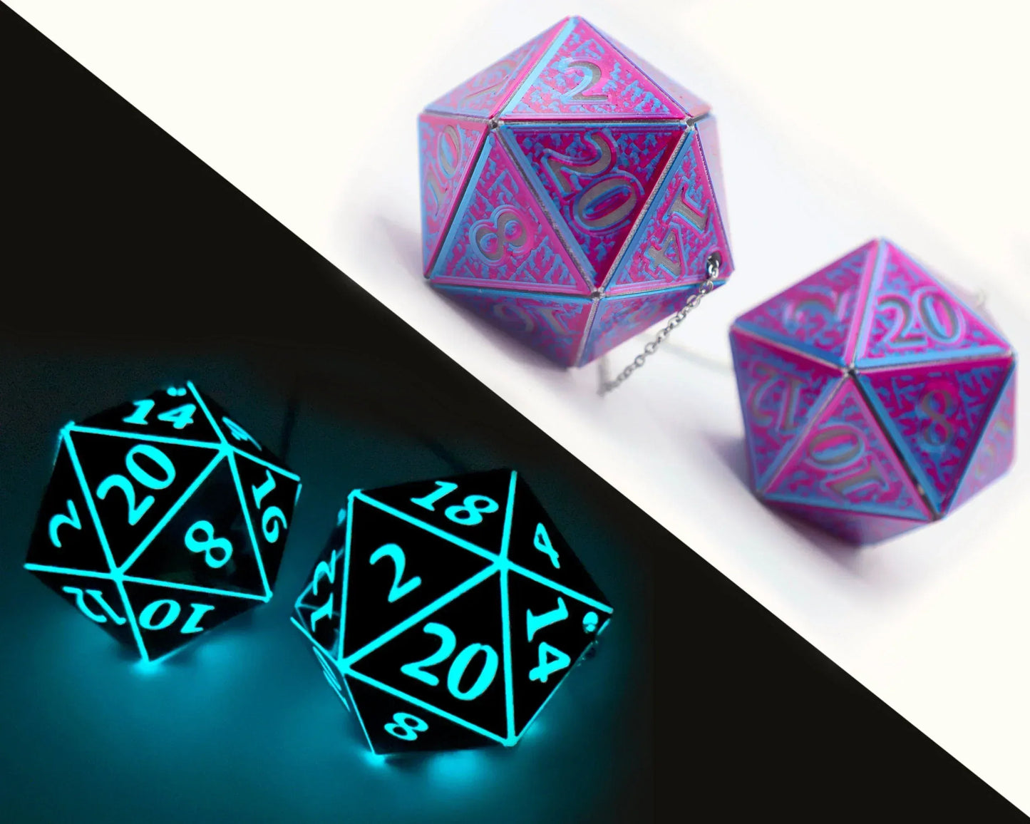 Handmade holographic twenty-sided dice charms, pink with blue glow, for car or gamer decor.