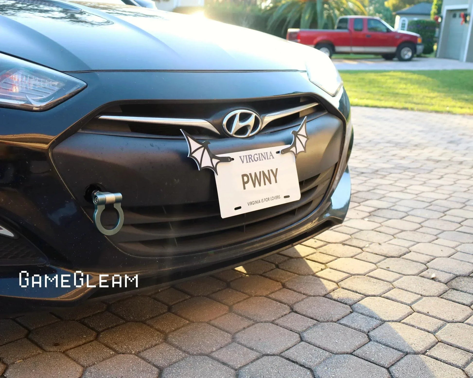 Hyundai car with novelty license plate and decorative bat wing accessories on the front grille.