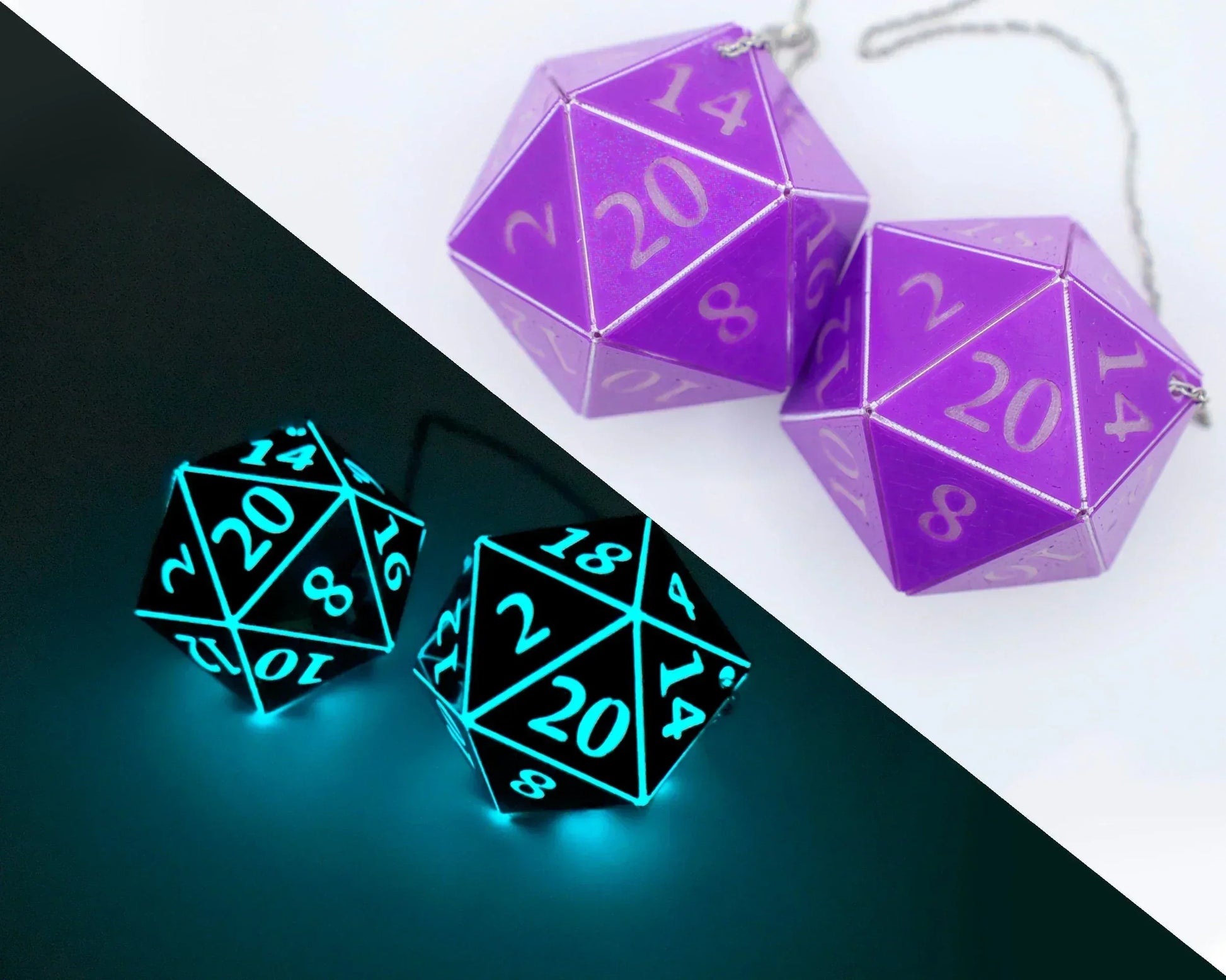 Handmade polyhedral dice car charms, purple and glowing blue, for tabletop gamers