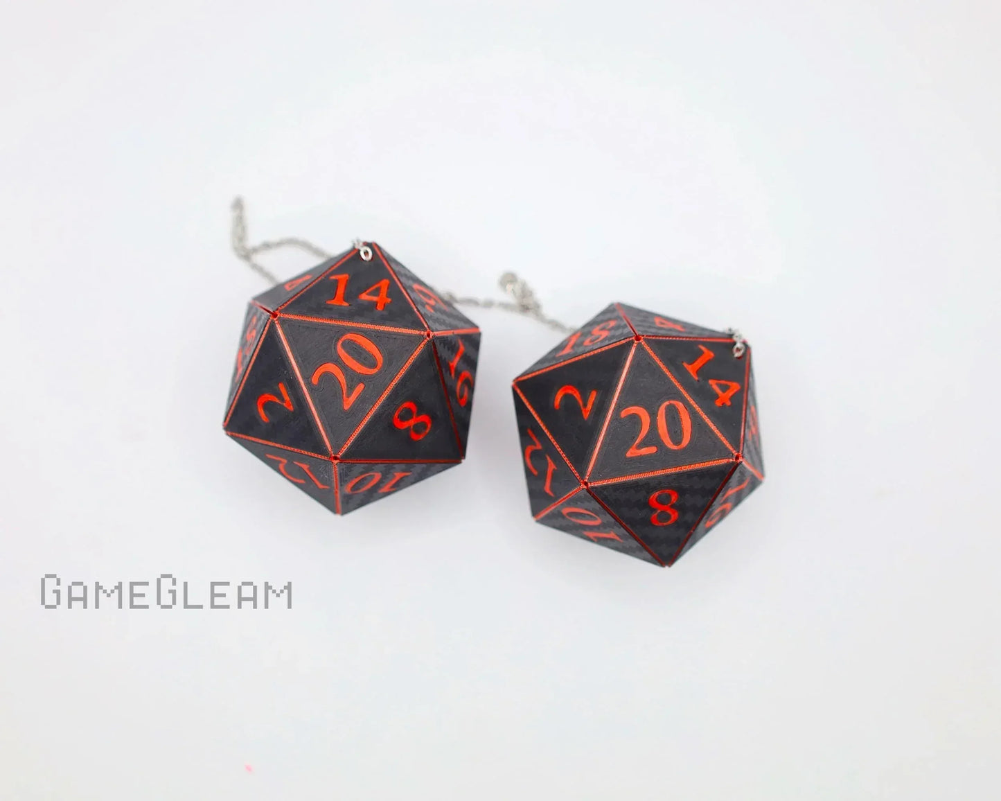 Black and red twenty-sided dice car charms with chain, gamer gift accessory