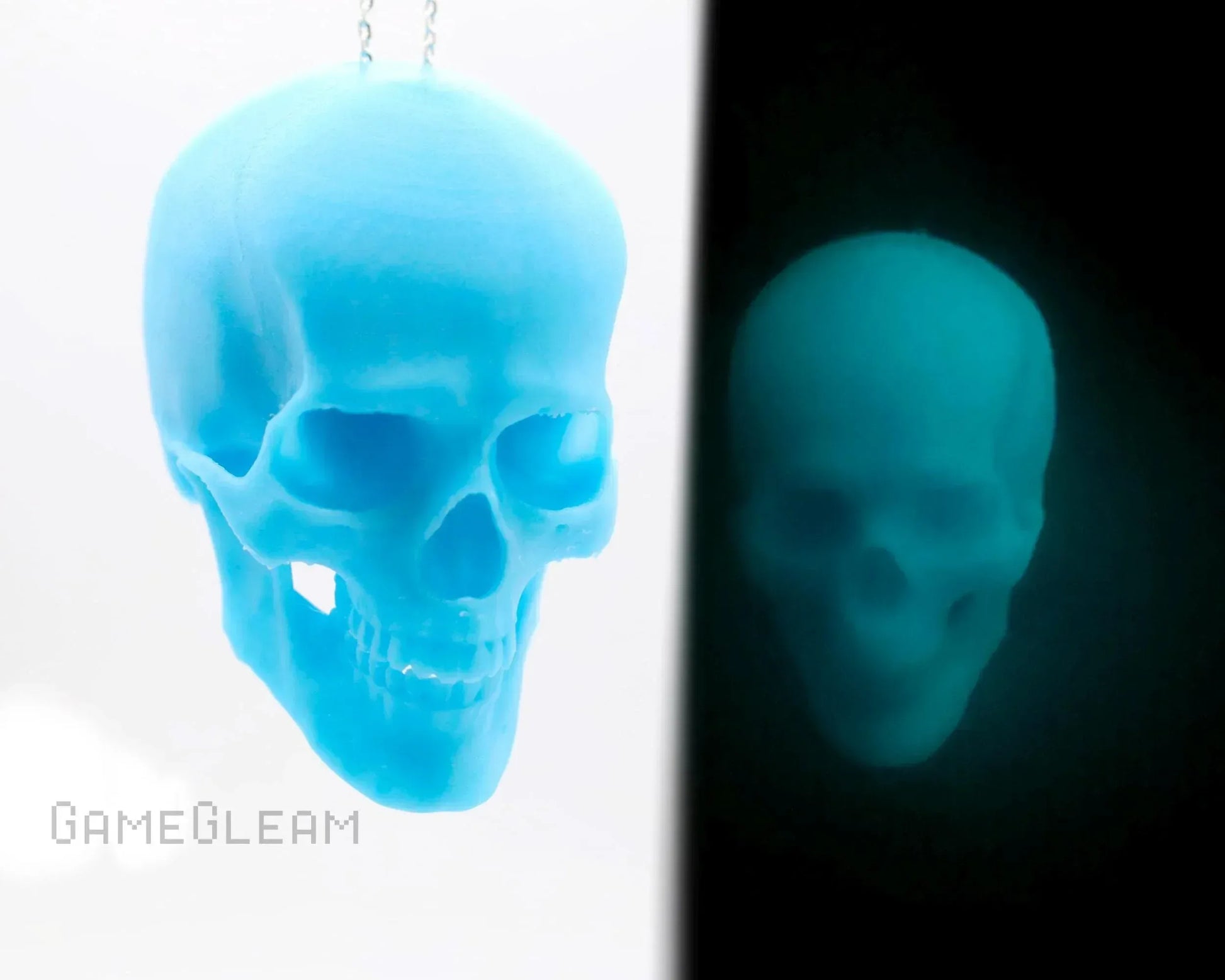 Blue glow-in-the-dark skull car dice charm pendant with chain, shown in daylight and dark.