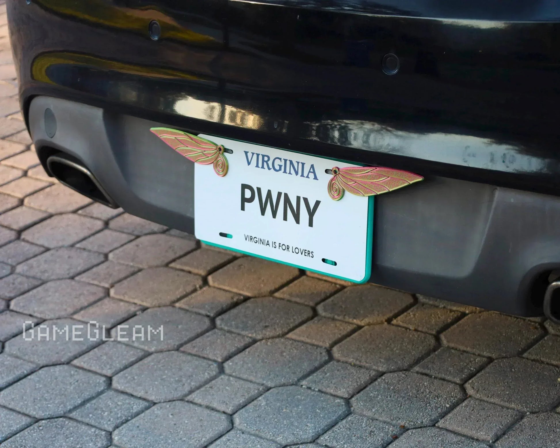Handmade holographic car license plate wings attached to a Virginia plate on a black car