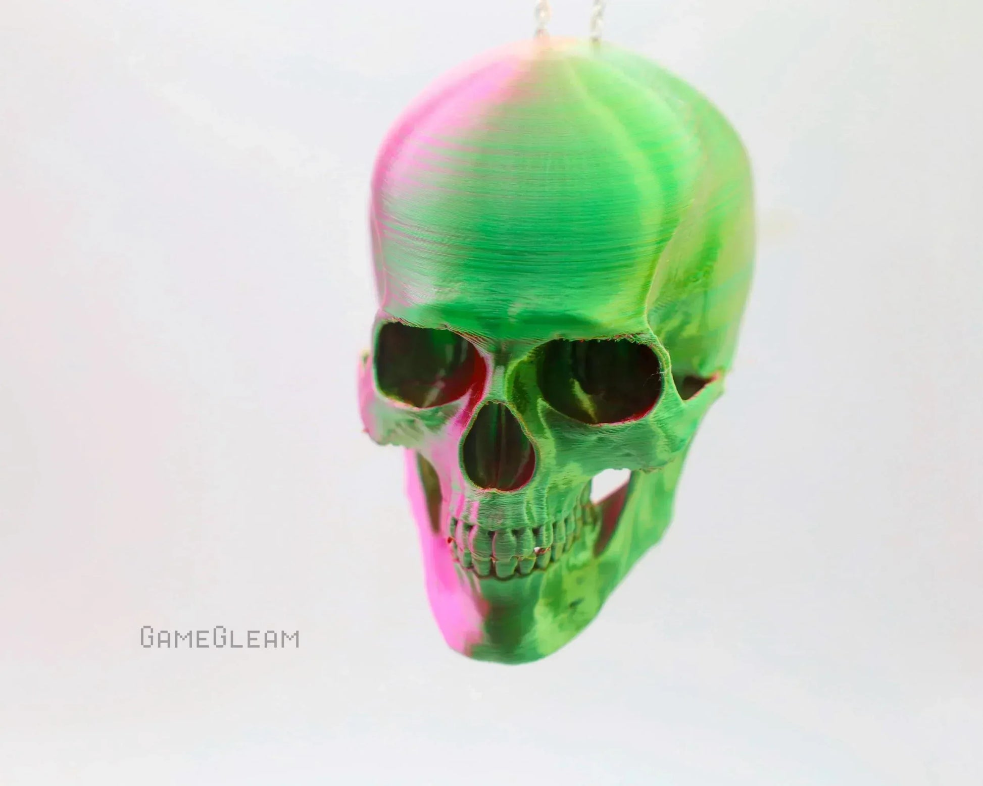 Handmade green and pink resin skull charm with chain, gaming decor accessory