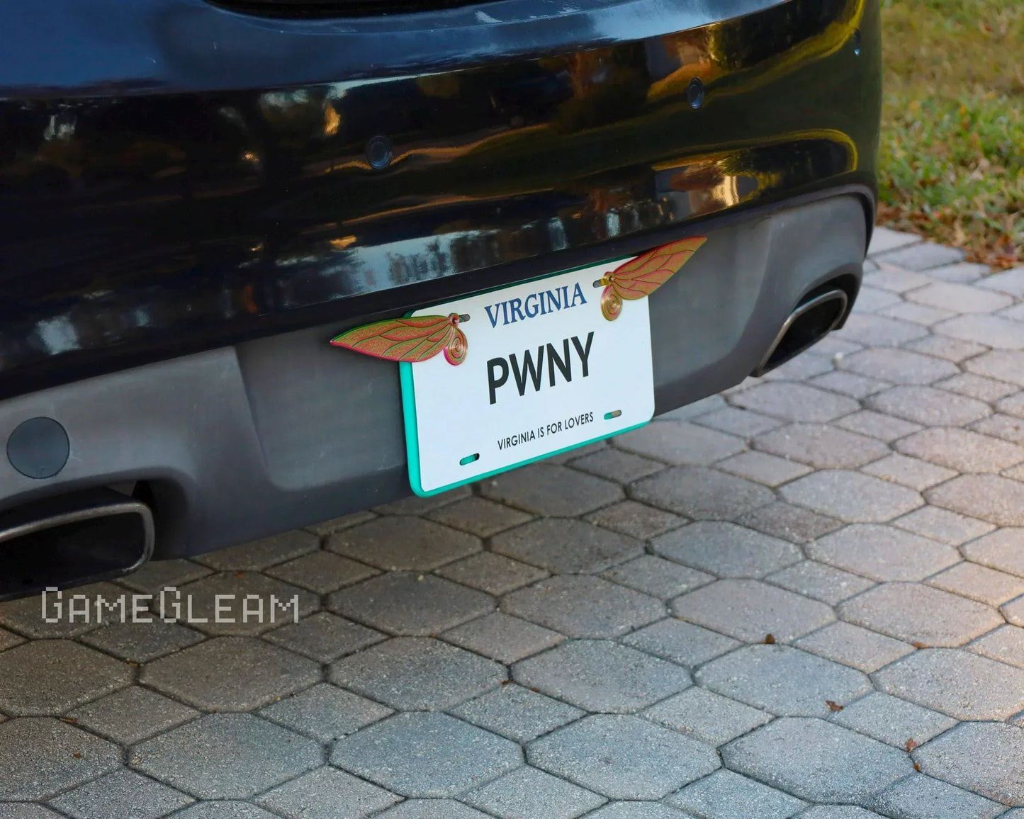 Car with custom Virginia license plate and holographic fantasy wing decals attached