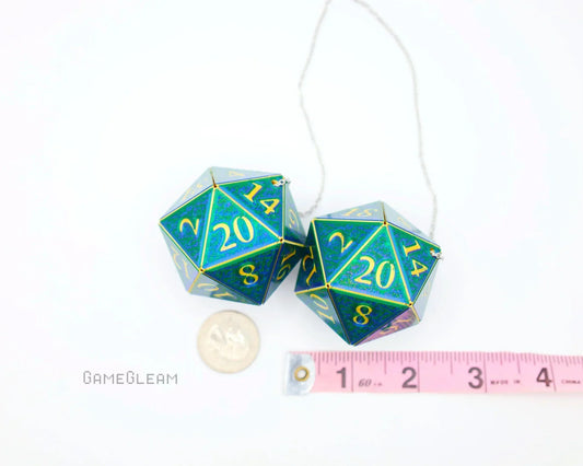 Holographic blue green twenty-sided dice charms with gold numbers, car mirror accessory.