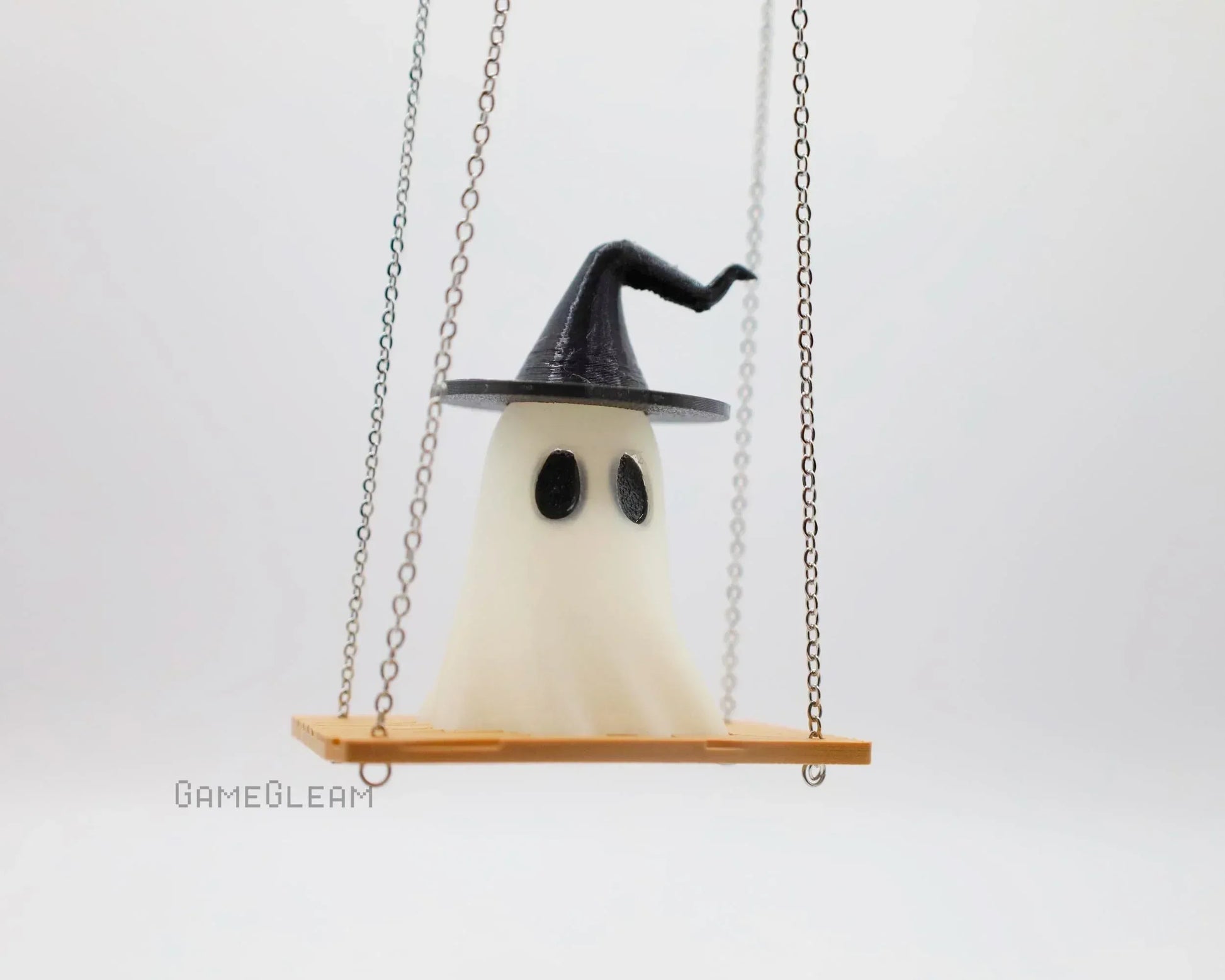 Handmade ghost figurine with black witch hat on swing, unique gamer car charm
