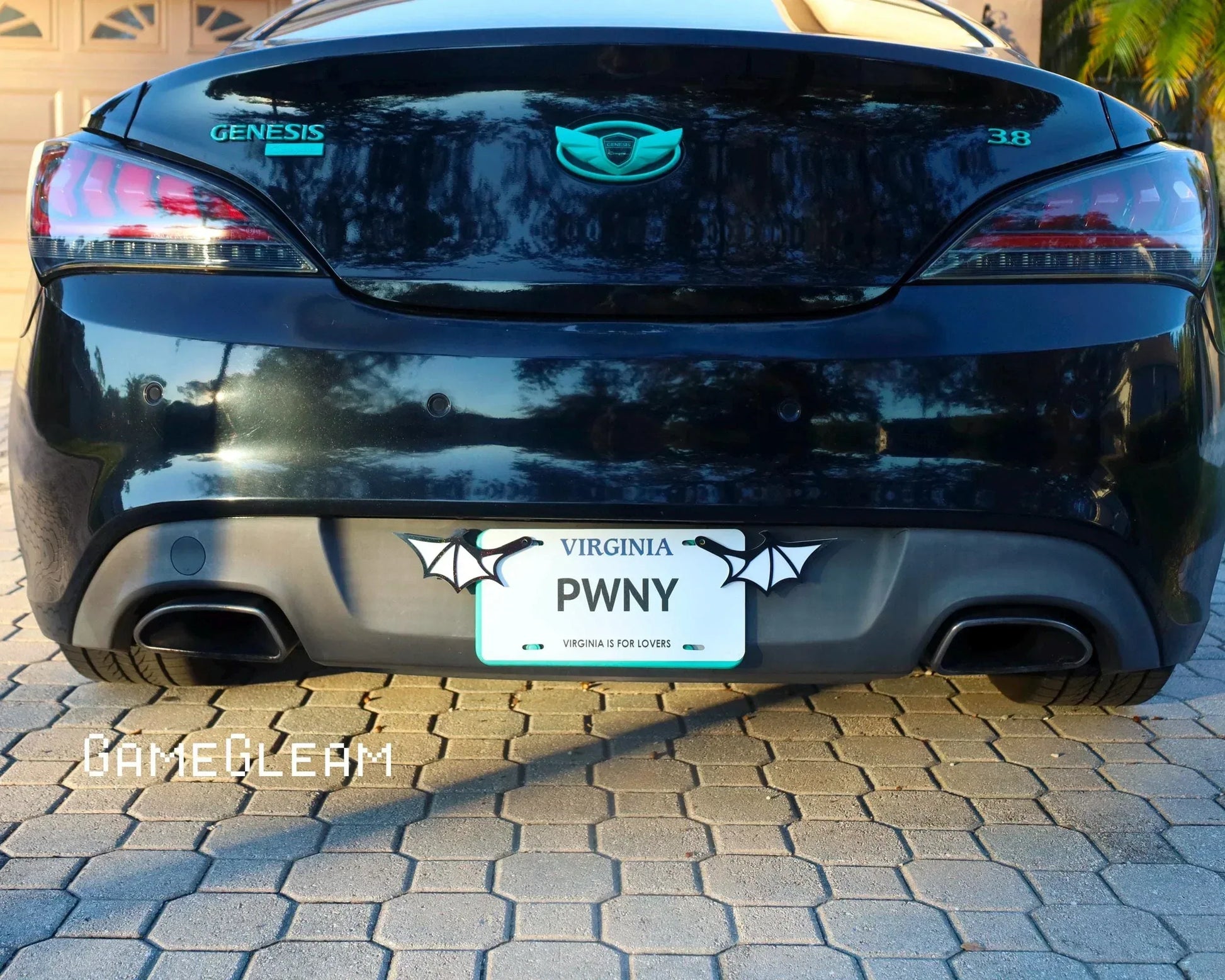 Black Genesis car with dragon wing license plate frame and PWN Y custom Virginia plate