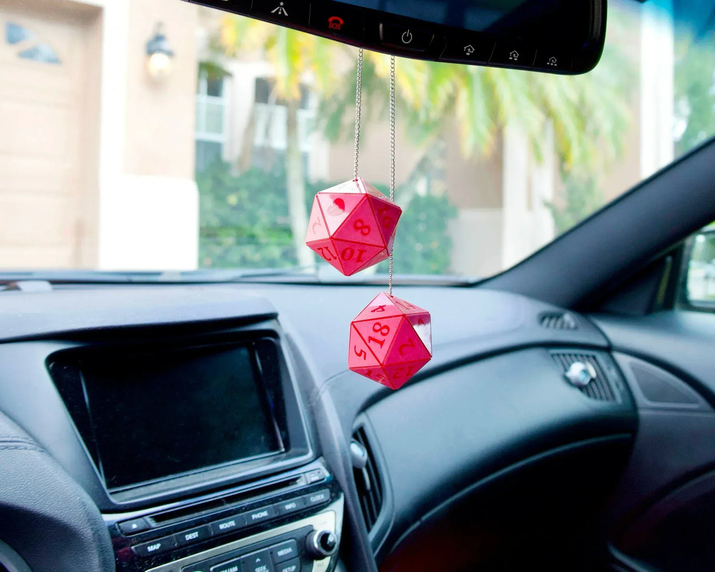 Red holographic twenty-sided dice car mirror charm for tabletop gamer decor