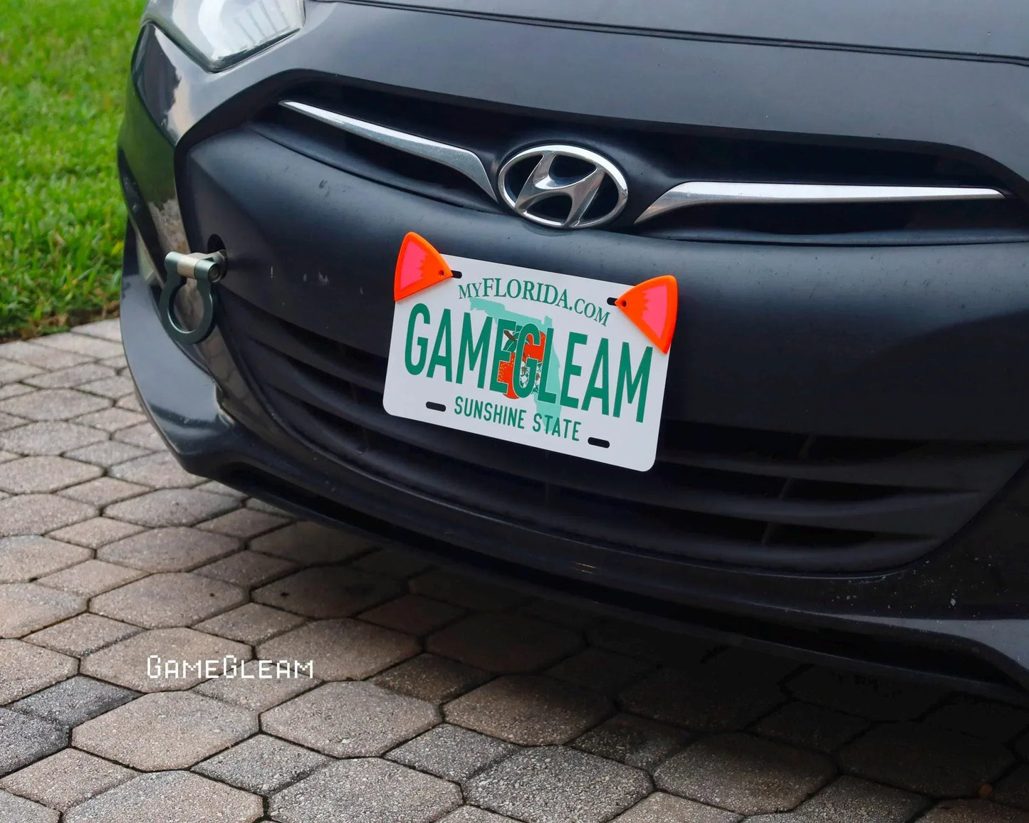 Florida novelty license plate with orange cat ears on a black Hyundai car front bumper