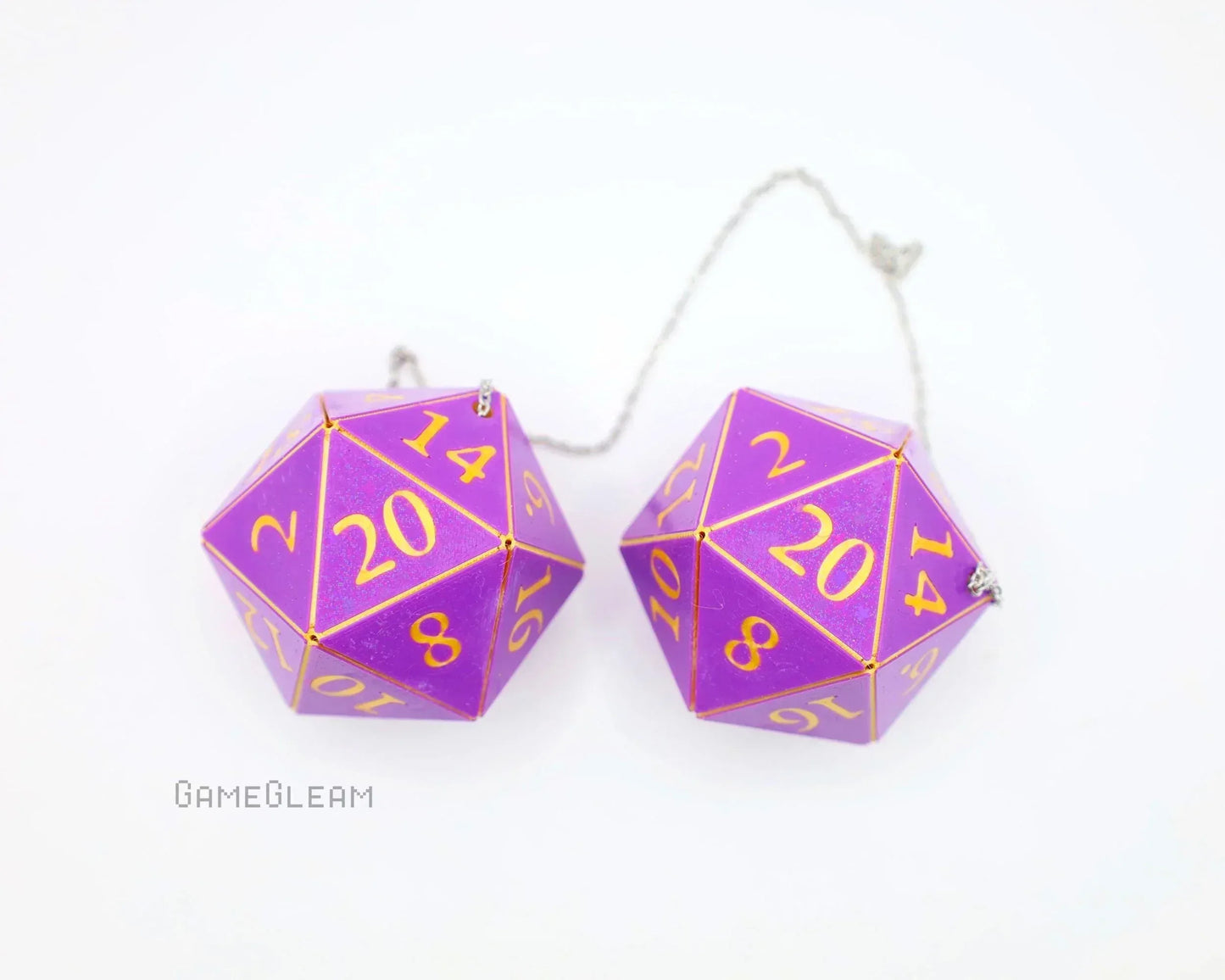 Pair of purple twenty-sided dice car charms with gold numbers and a connecting silver chain