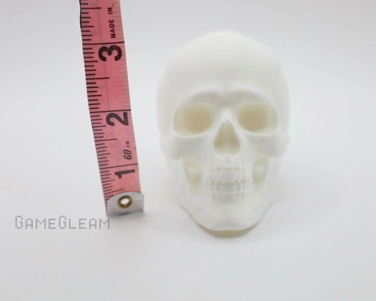 White resin human skull figurine with measuring tape showing size, on white background