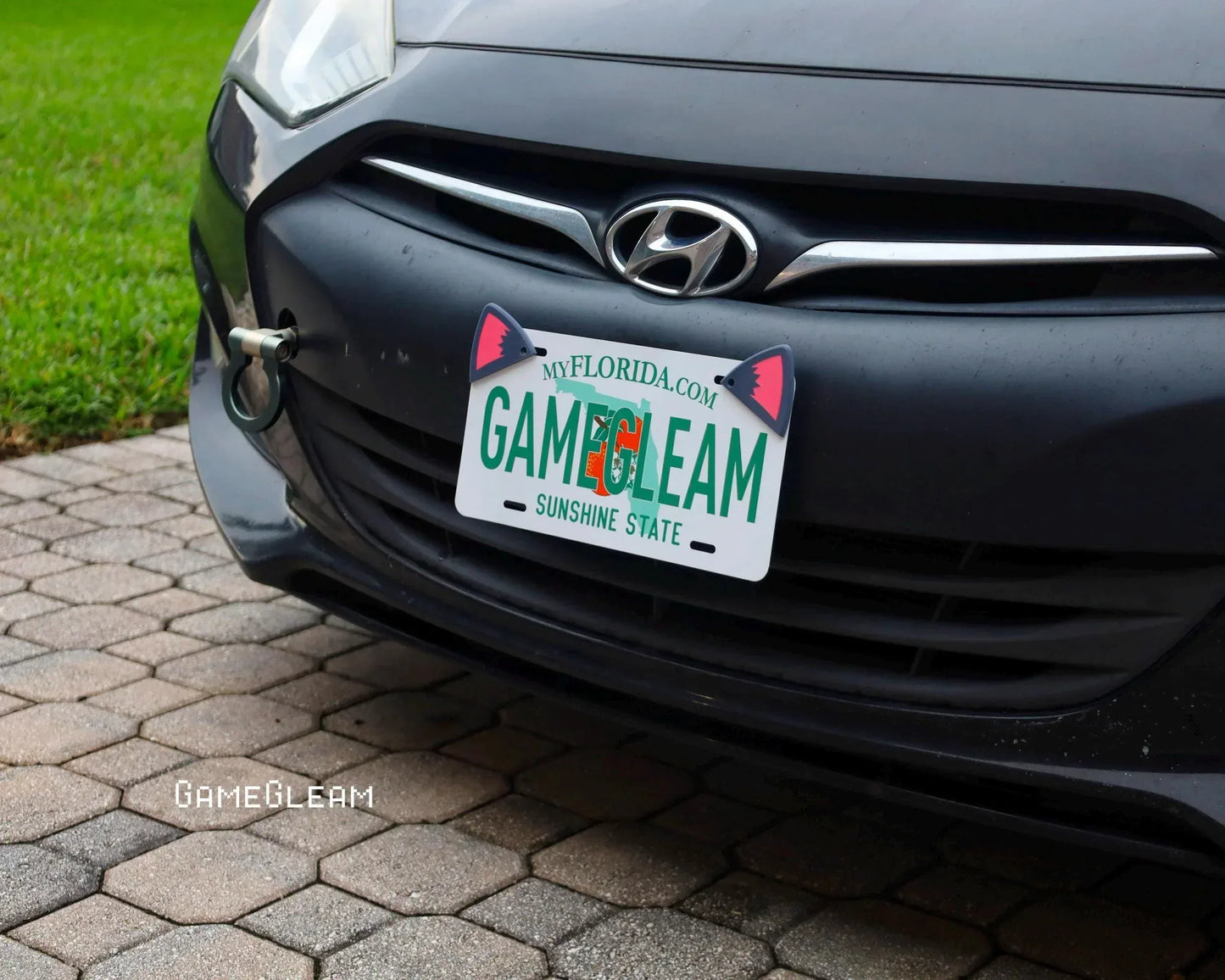 Black Hyundai car with a custom Florida license plate featuring cat ears design on a brick driveway.