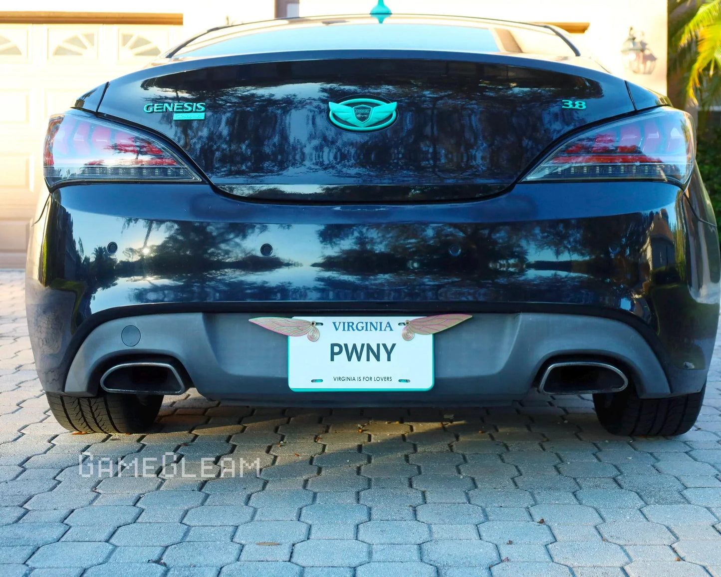 Black Genesis sports car with teal emblems and custom Virginia license plate reading PWNYY.