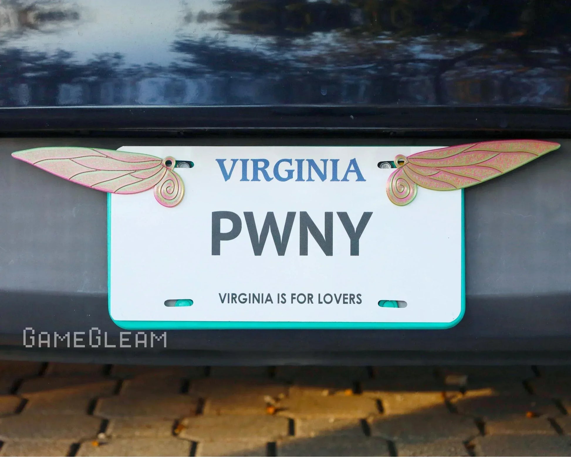 Car license plate with iridescent fairy wing accessories mounted above each side