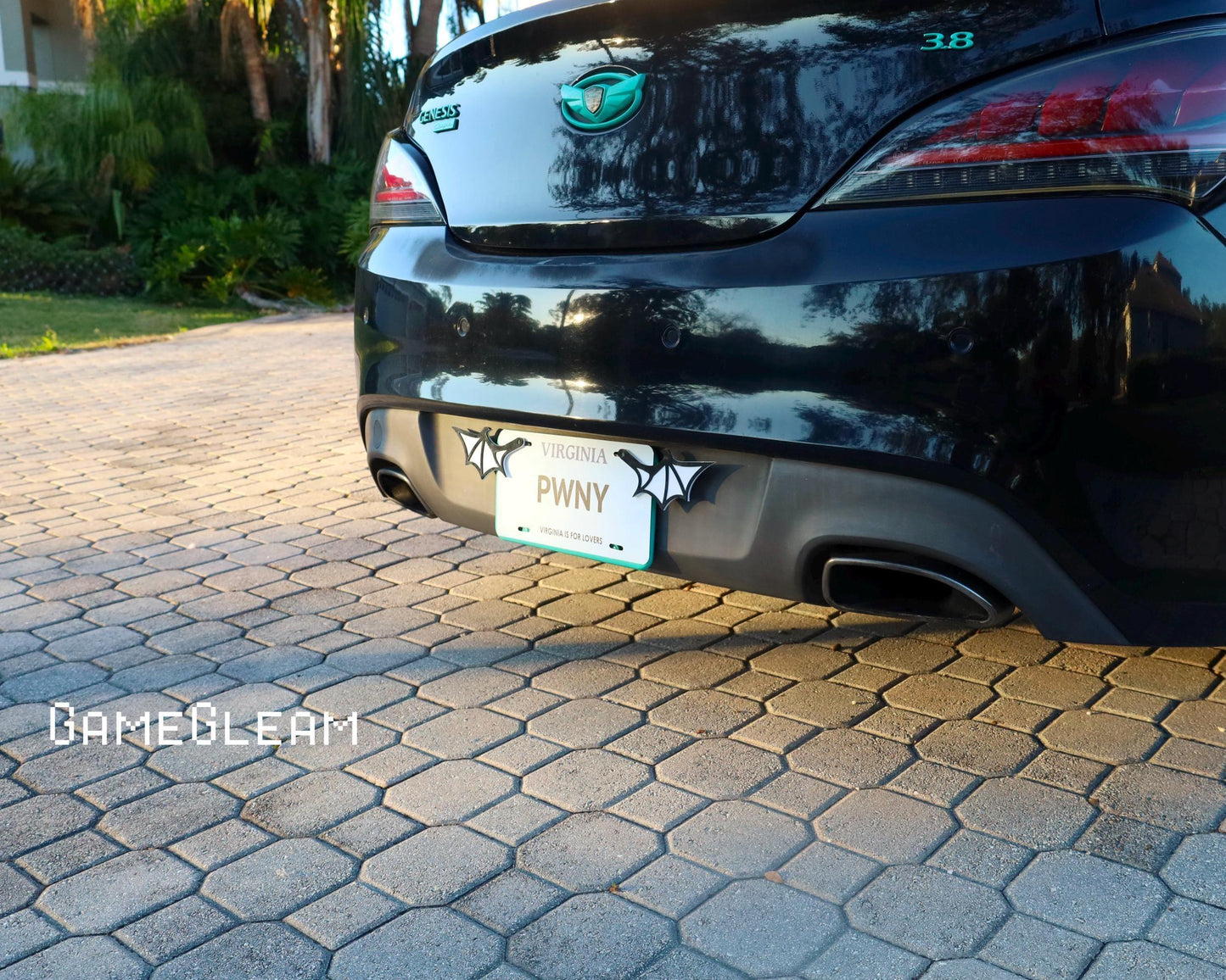 Black sport car with teal emblem, custom Virginia license plate, and bat decals on rear.