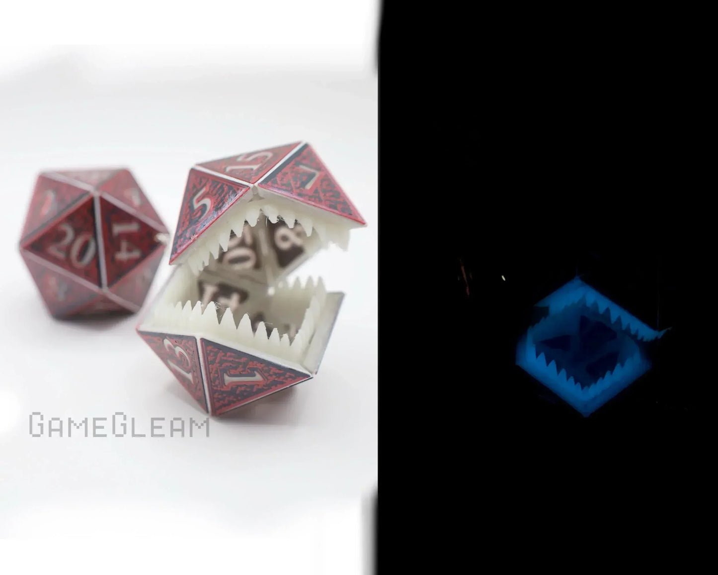 Handmade red D20 dice ornament with sharp teeth, glow-in-the-dark feature, tabletop gamer decor