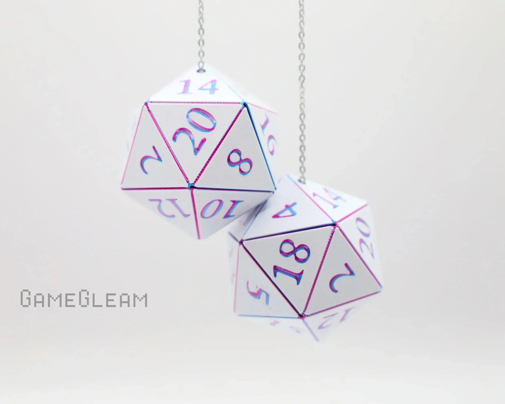 Holographic white twenty-sided dice car charms with purple and blue numbers, hanging on chains