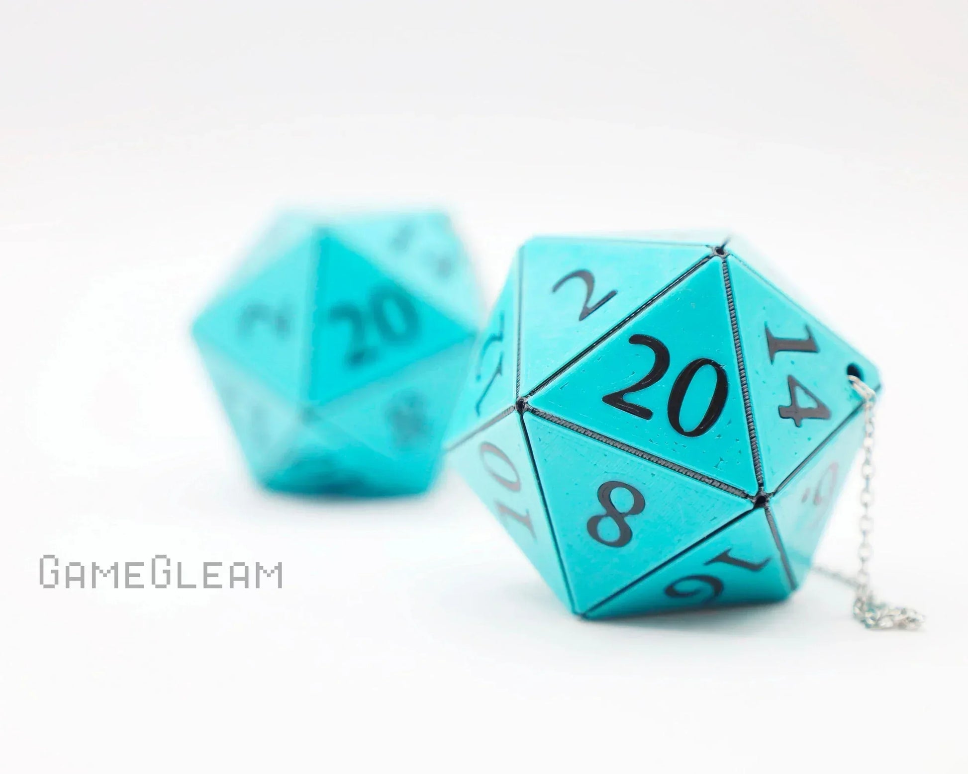 Turquoise twenty-sided dice car charm with chain for tabletop gaming fans