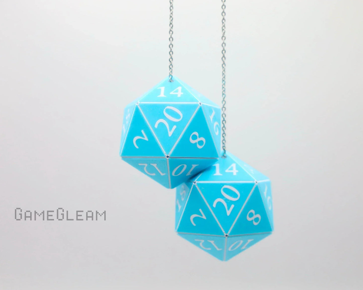 Hanging blue twenty-sided dice with white numbers on a chain for car accessory décor