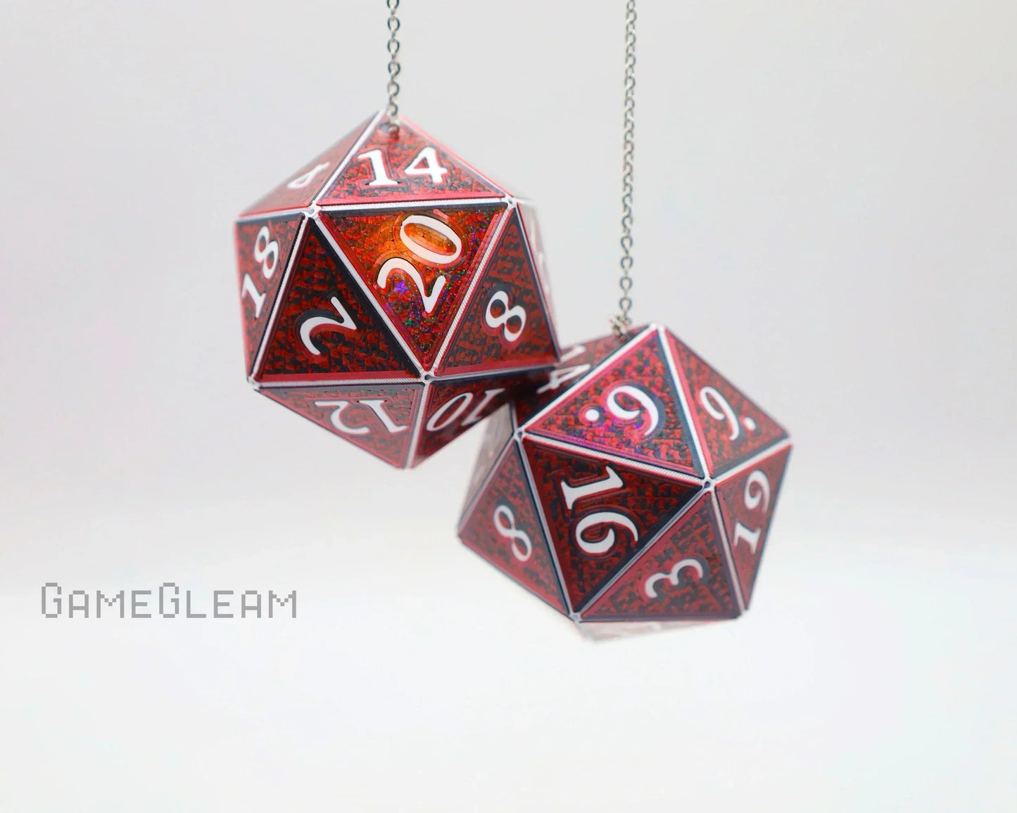 Red holographic twenty-sided dice car charm for tabletop RPG fans, hanging on chain
