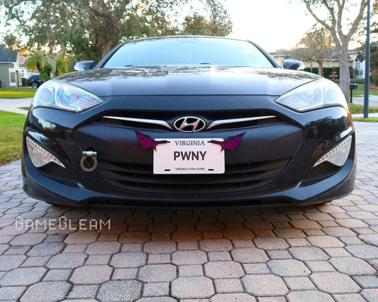 Black Hyundai car with custom license plate reading 'PWNY' and purple wing decals on driveway