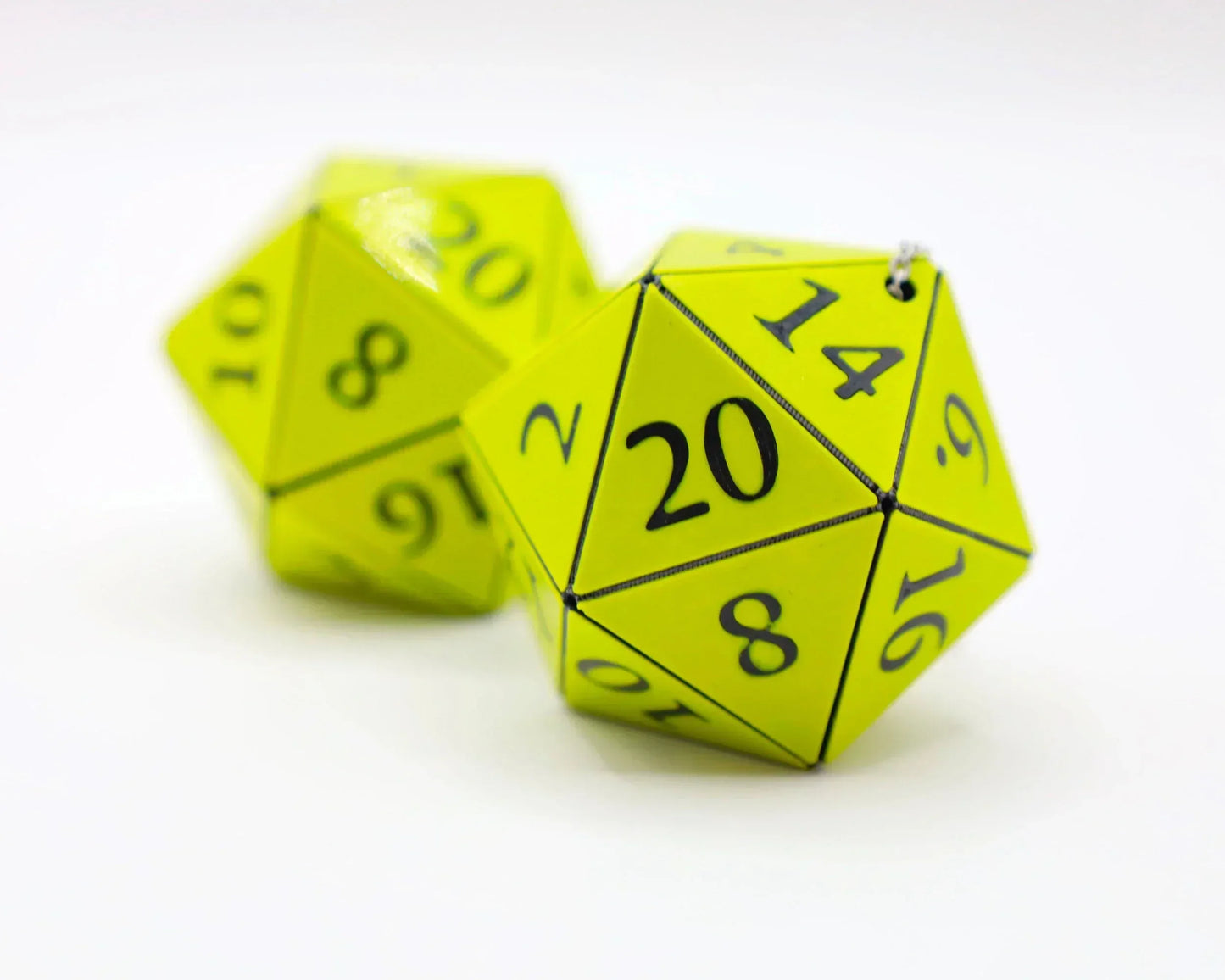 Yellow handmade 20-sided dice car charms for tabletop RPG enthusiasts on white background