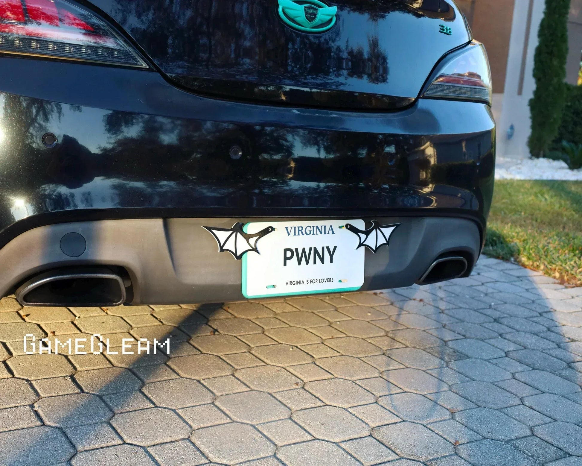 Custom Virginia car license plate with bat wing decals on black vehicle, driveway background