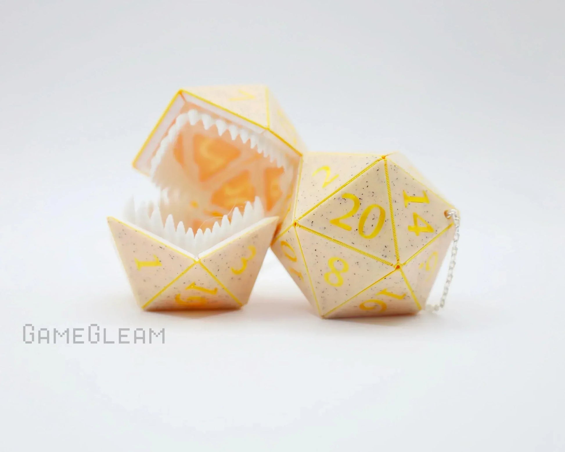 Handmade 20-sided dice charms with yellow numbers and teeth, unique car accessory for gamers