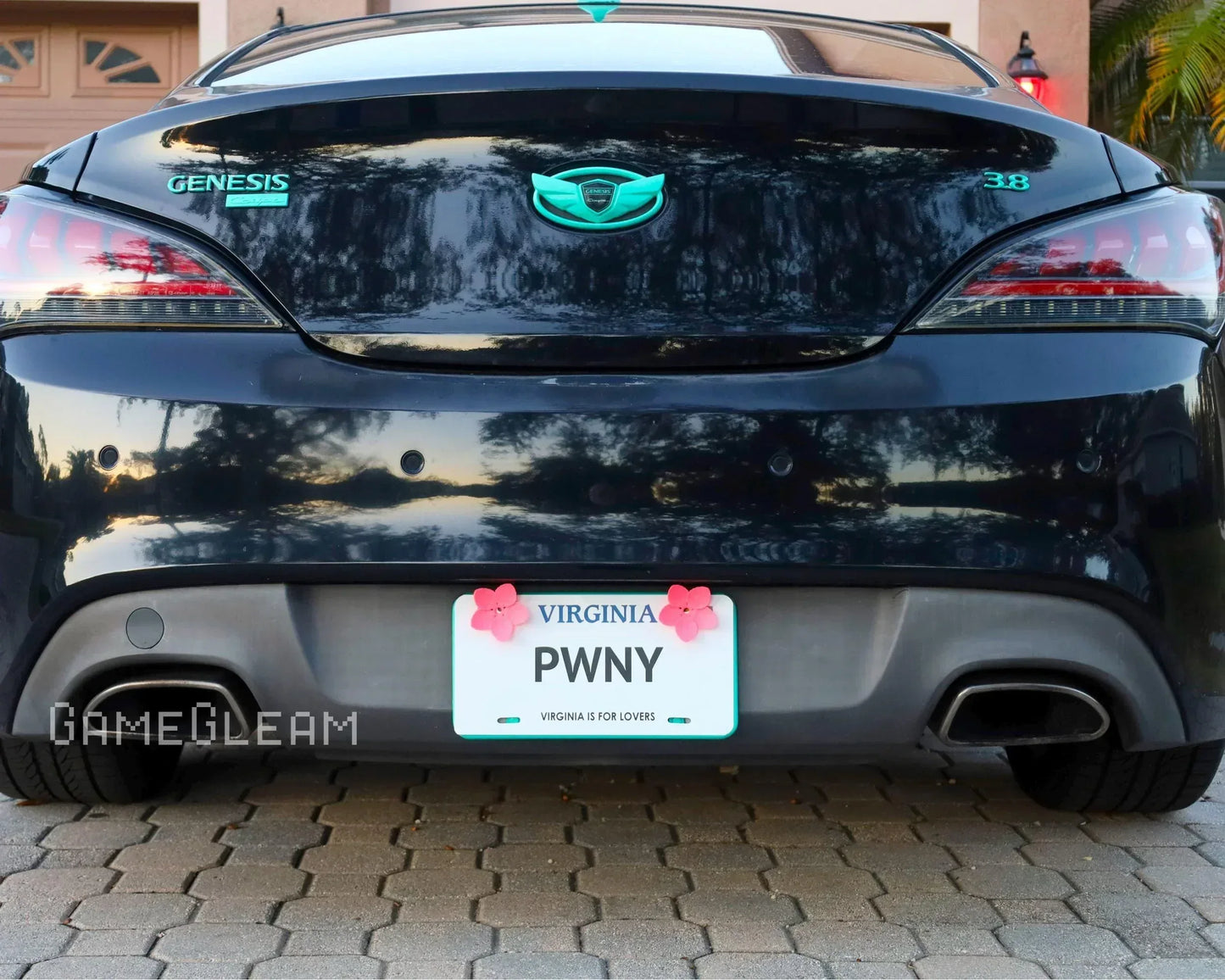 Rear view of a black Genesis car with a custom Virginia license plate reading PWNY.