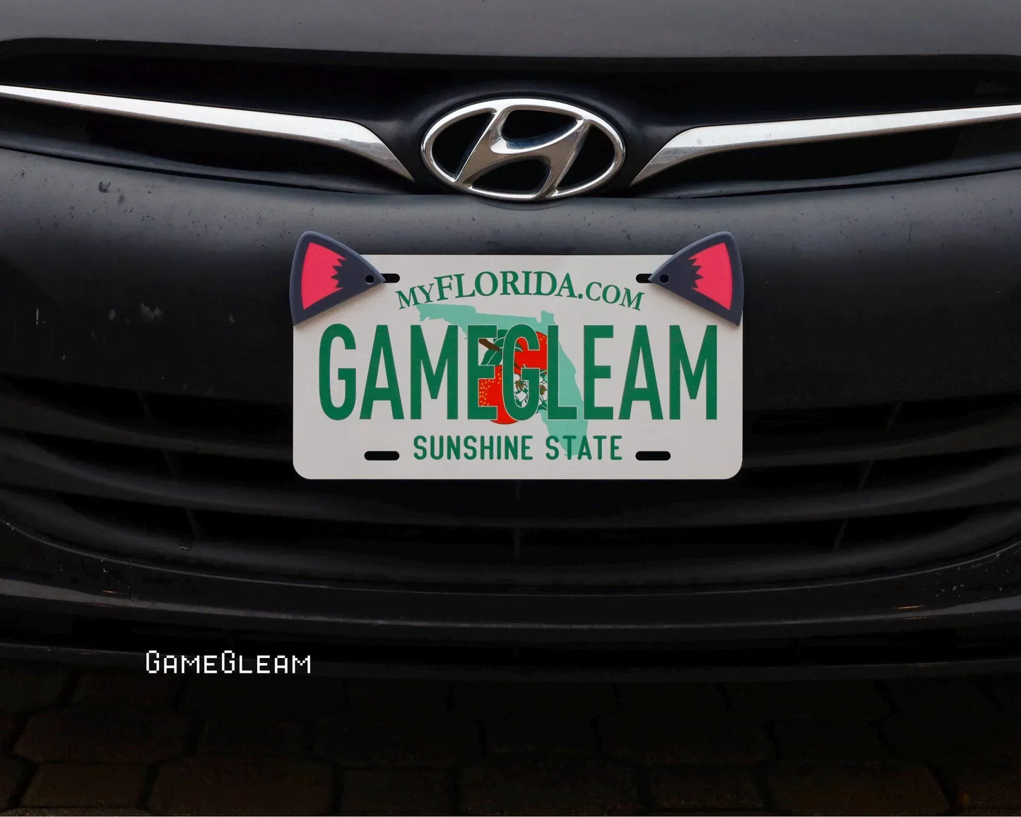 Florida license plate on black car with custom shark fin decorations and 'GameGleam' text.