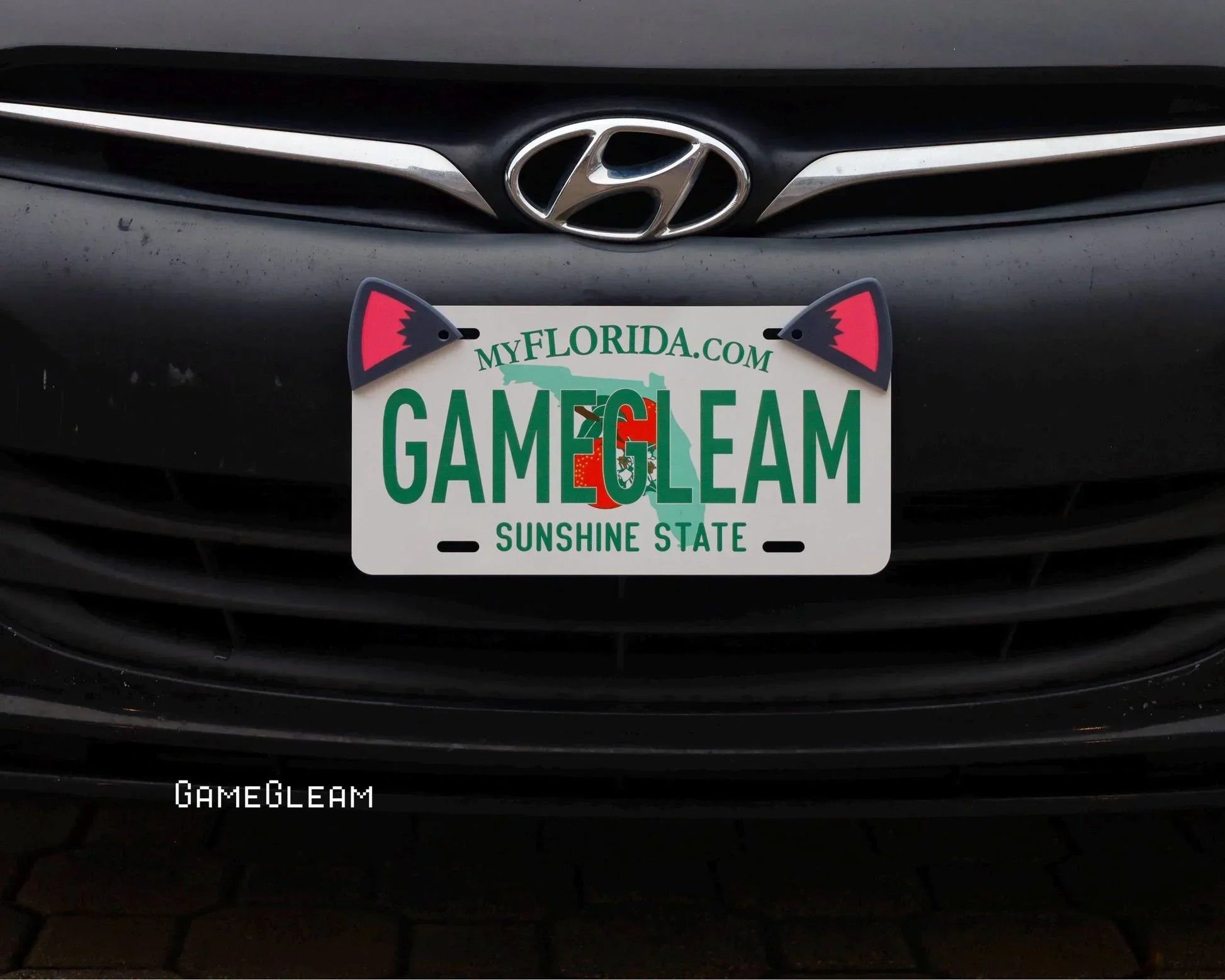 Florida license plate on black car with custom shark fin decorations and 'GameGleam' text.