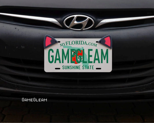 Florida license plate on black car with custom shark fin decorations and 'GameGleam' text.