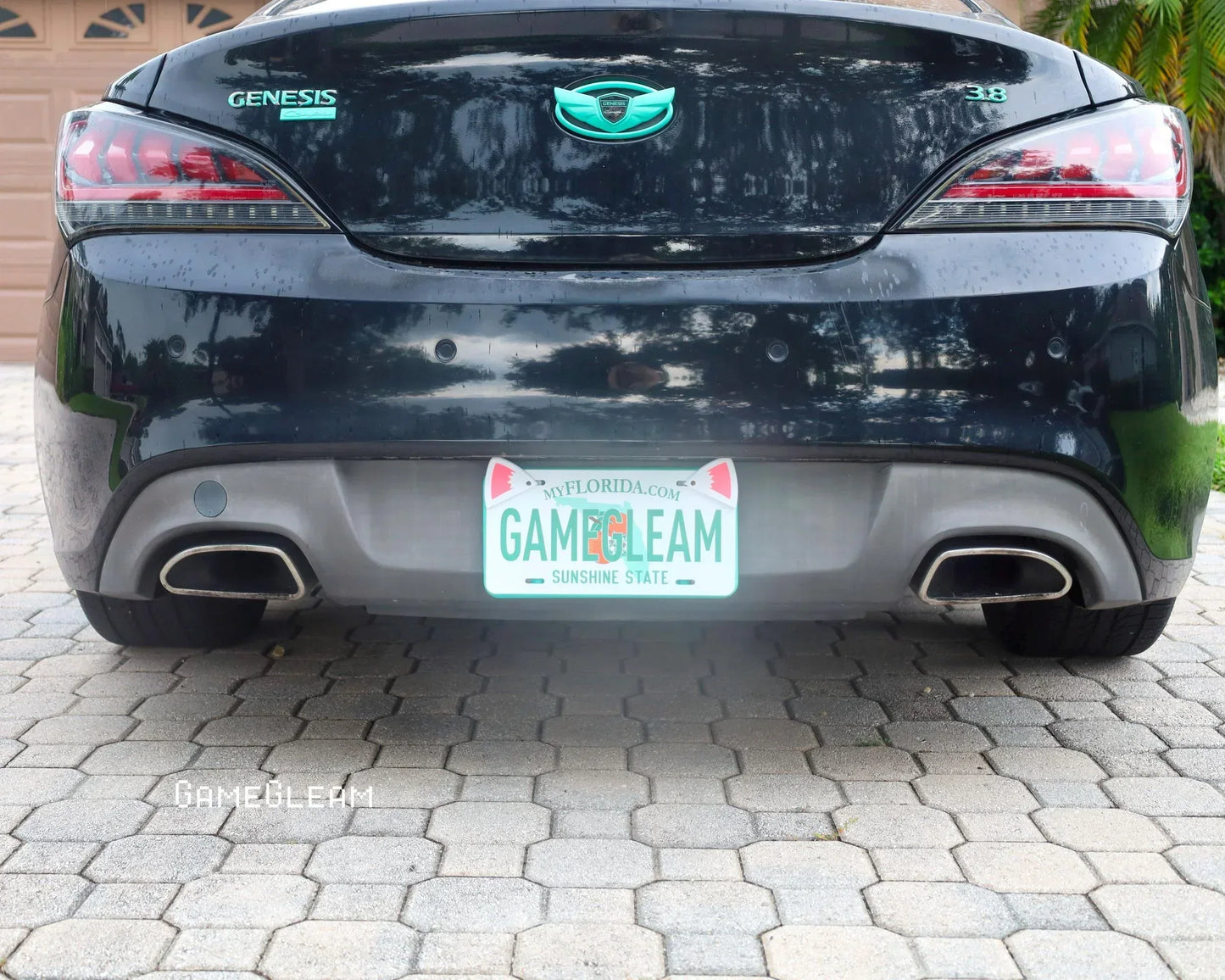 Rear view of a black Genesis car with a custom Florida license plate reading GAMEGLEAM.