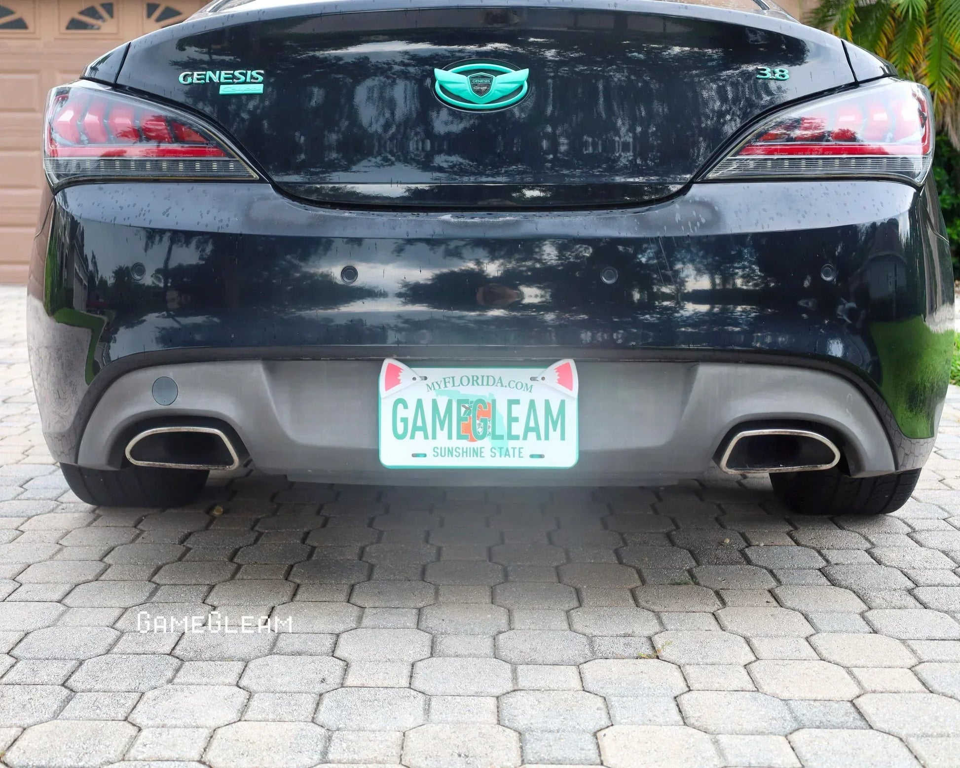 Rear view of a black Genesis car with a custom Florida license plate reading GAMEGLEAM.