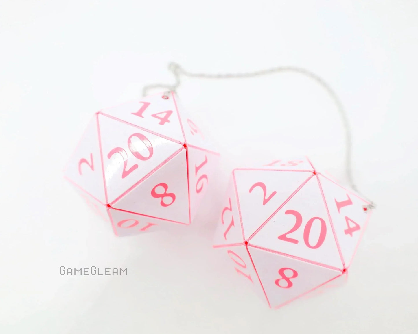Pink and white twenty-sided dice car charm for tabletop RPG fans on a silver chain