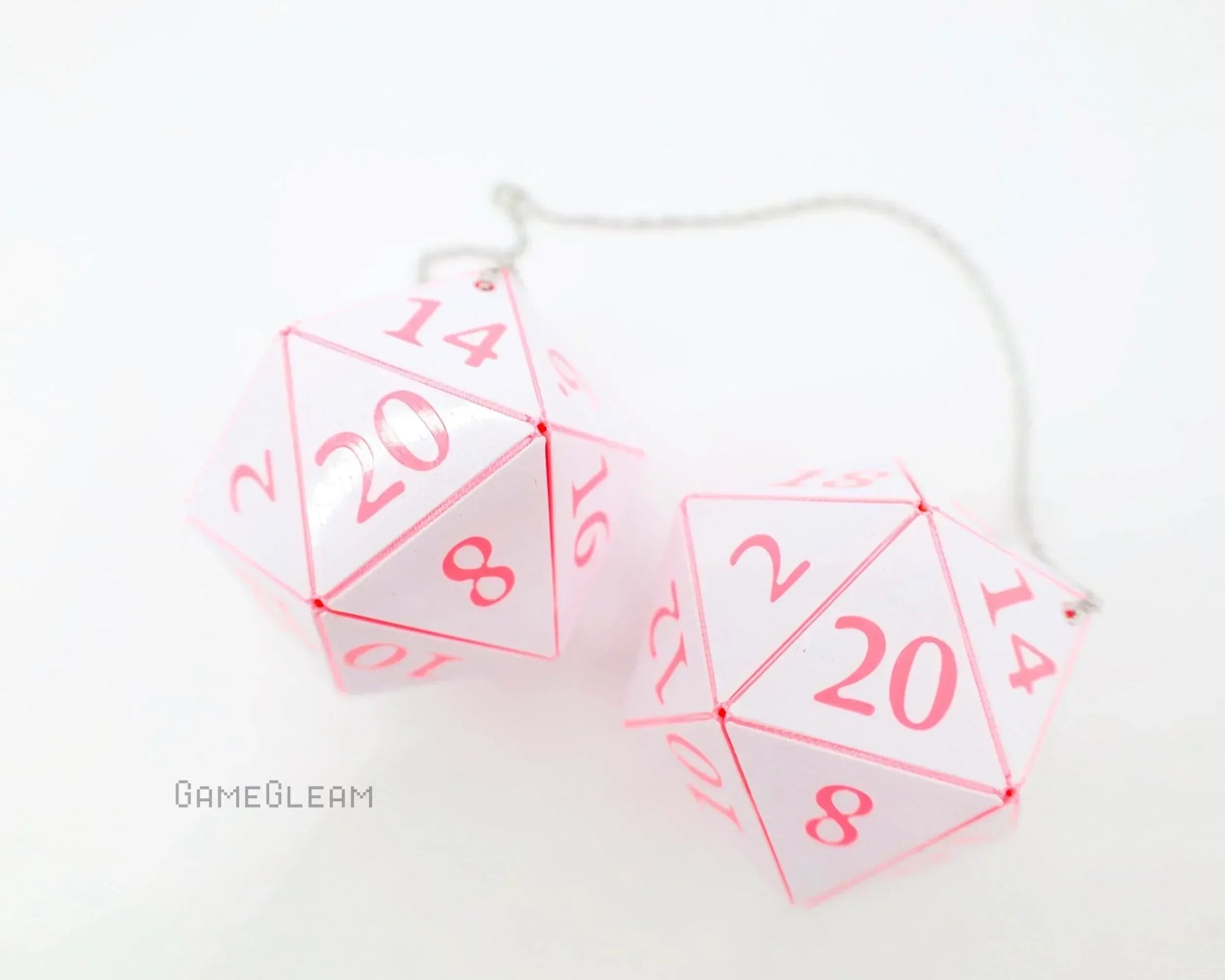 Pink and white twenty-sided dice car charm for tabletop RPG fans on a silver chain