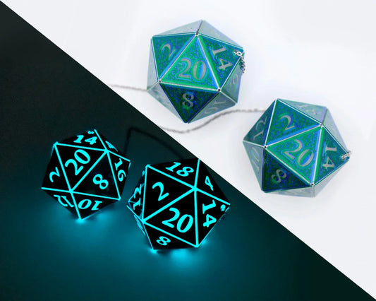Holographic twenty-sided dice car charms with blue glow, ideal for tabletop RPG fans.